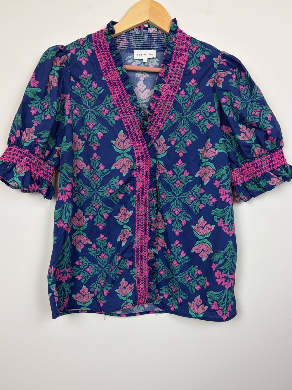 TODAY SALE 🎈🎈Entro Pink Floral Puff Sleeve Cottagecore Blouse Size Large - Picture 3 of 9